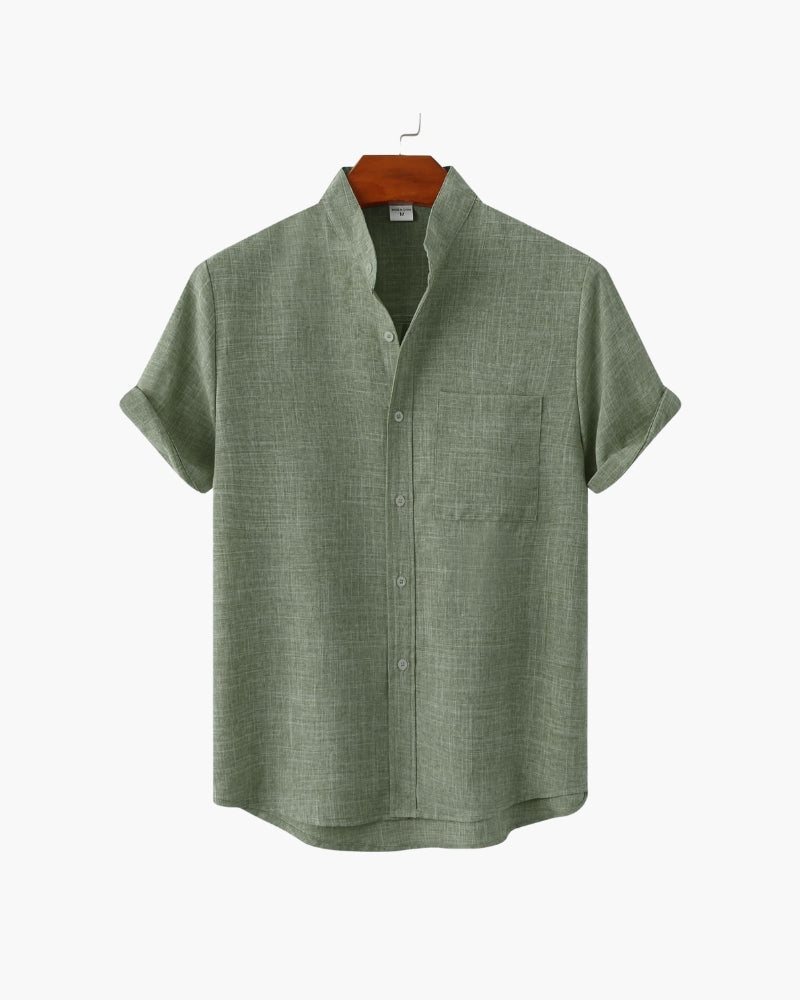 Mandarin Collar Short Sleeve Shirt with Half Placket - Green