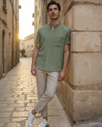 Mandarin Collar Short Sleeve Shirt with Half Placket