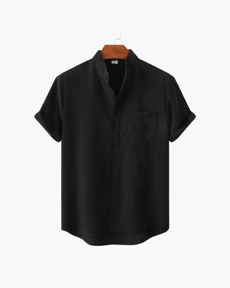 Mandarin Collar Short Sleeve Shirt with Half Placket - Black