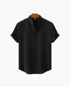 Mandarin Collar Short Sleeve Shirt with Half Placket - Black
