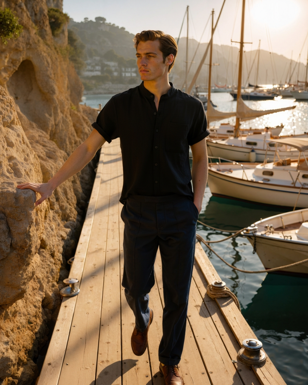 Mandarin Collar Short Sleeve Shirt with Half Placket