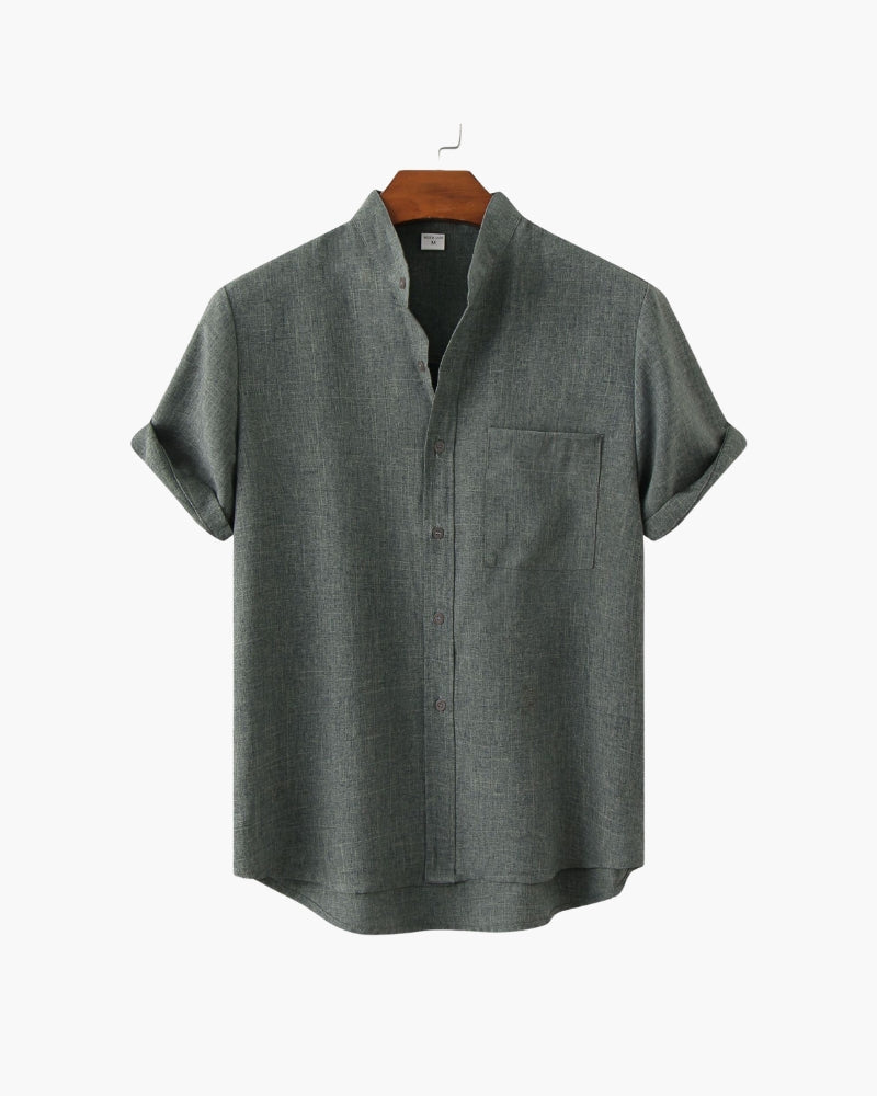 Mandarin Collar Short Sleeve Shirt with Half Placket - Grey