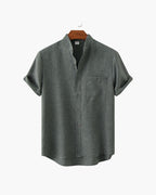 Mandarin Collar Short Sleeve Shirt with Half Placket - Grey