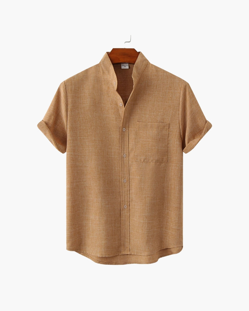 Mandarin Collar Short Sleeve Shirt with Half Placket - Yellow