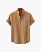 Mandarin Collar Short Sleeve Shirt with Half Placket - Yellow