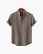 Mandarin Collar Short Sleeve Shirt with Half Placket - Brown