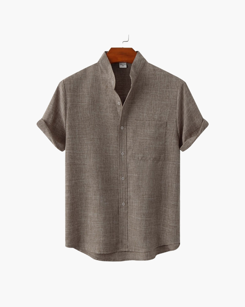 Mandarin Collar Short Sleeve Shirt with Half Placket - Brown
