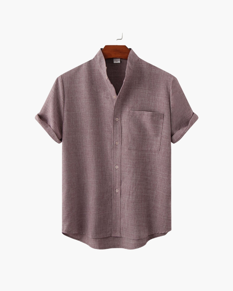 Mandarin Collar Short Sleeve Shirt with Half Placket - Purple