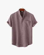 Mandarin Collar Short Sleeve Shirt with Half Placket - Purple