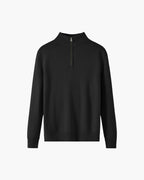 Merino Wool Half Zip Jumper with Stand Collar - Black