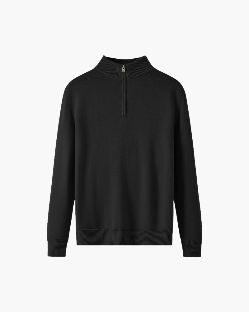 Merino Wool Half Zip Jumper with Stand Collar - Black