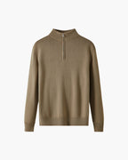 Merino Wool Half Zip Jumper with Stand Collar - Beige