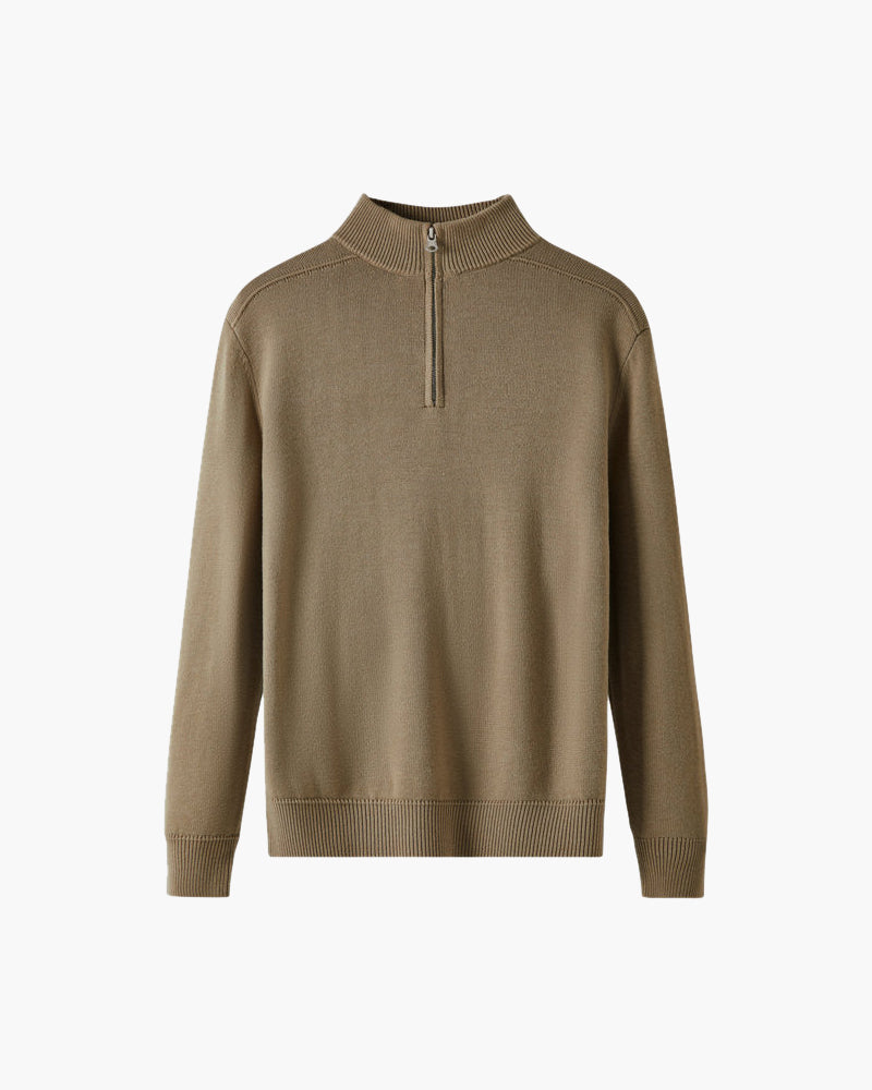 Merino Wool Half Zip Jumper with Stand Collar - Beige