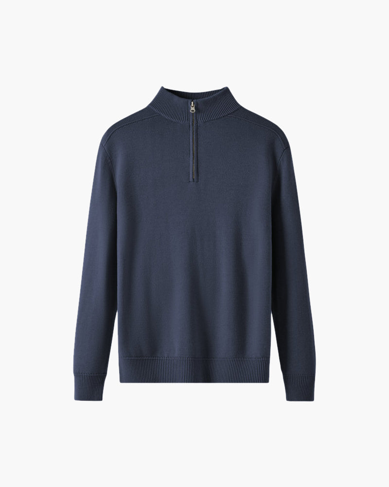 Merino Wool Half Zip Jumper with Stand Collar - Navy