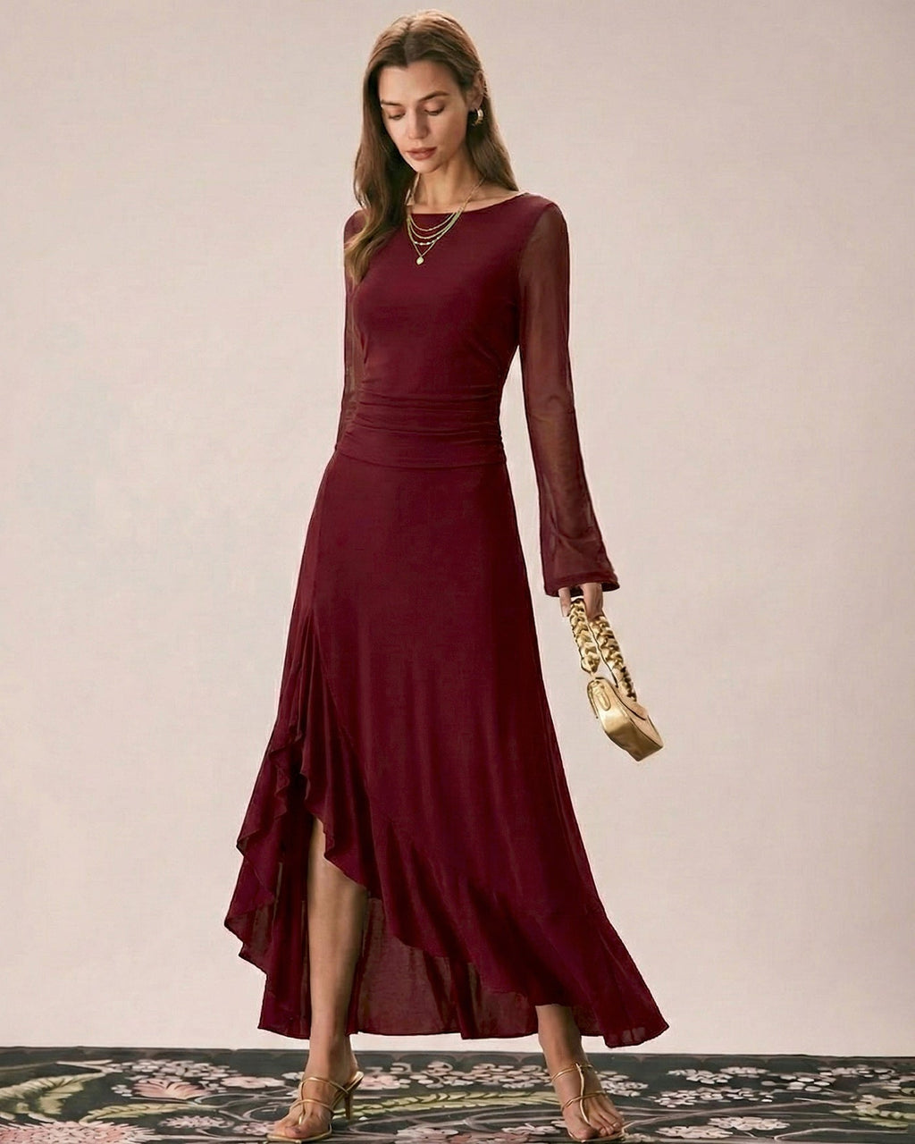 Mesh Maxi Dress with Boat Neck and Asymmetric Ruffled Hem - Red