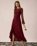 Mesh Maxi Dress with Boat Neck and Asymmetric Ruffled Hem - Red
