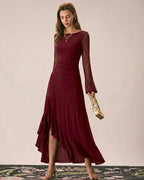 Mesh Maxi Dress with Boat Neck and Asymmetric Ruffled Hem - Red