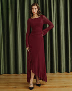 Mesh Maxi Dress with Boat Neck and Asymmetric Ruffled Hem - Red
