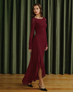 Mesh Maxi Dress with Boat Neck and Asymmetric Ruffled Hem - Red