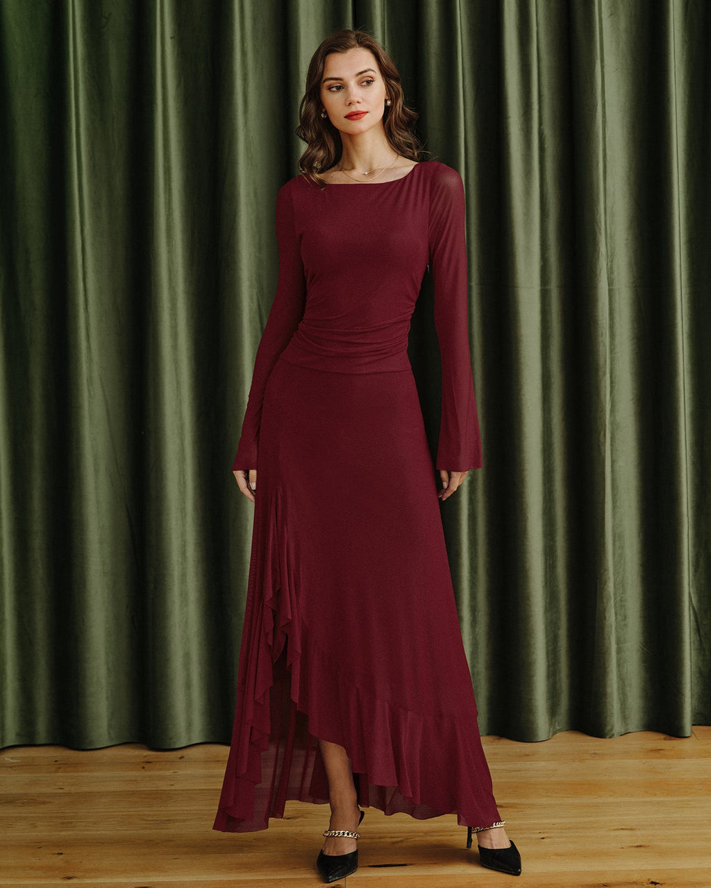 Mesh Maxi Dress with Boat Neck and Asymmetric Ruffled Hem - Red