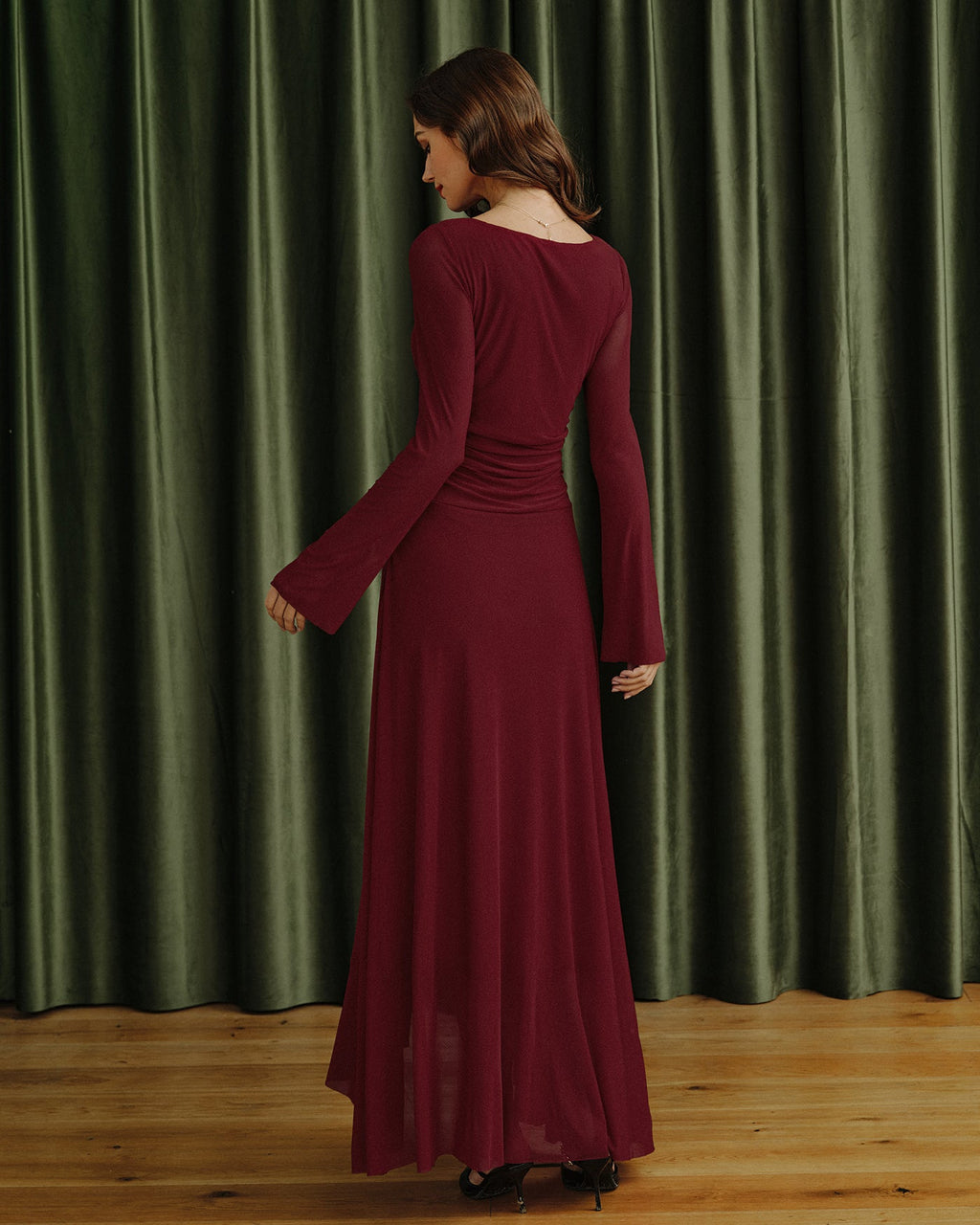 Mesh Maxi Dress with Boat Neck and Asymmetric Ruffled Hem - Red
