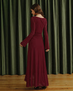 Mesh Maxi Dress with Boat Neck and Asymmetric Ruffled Hem - Red