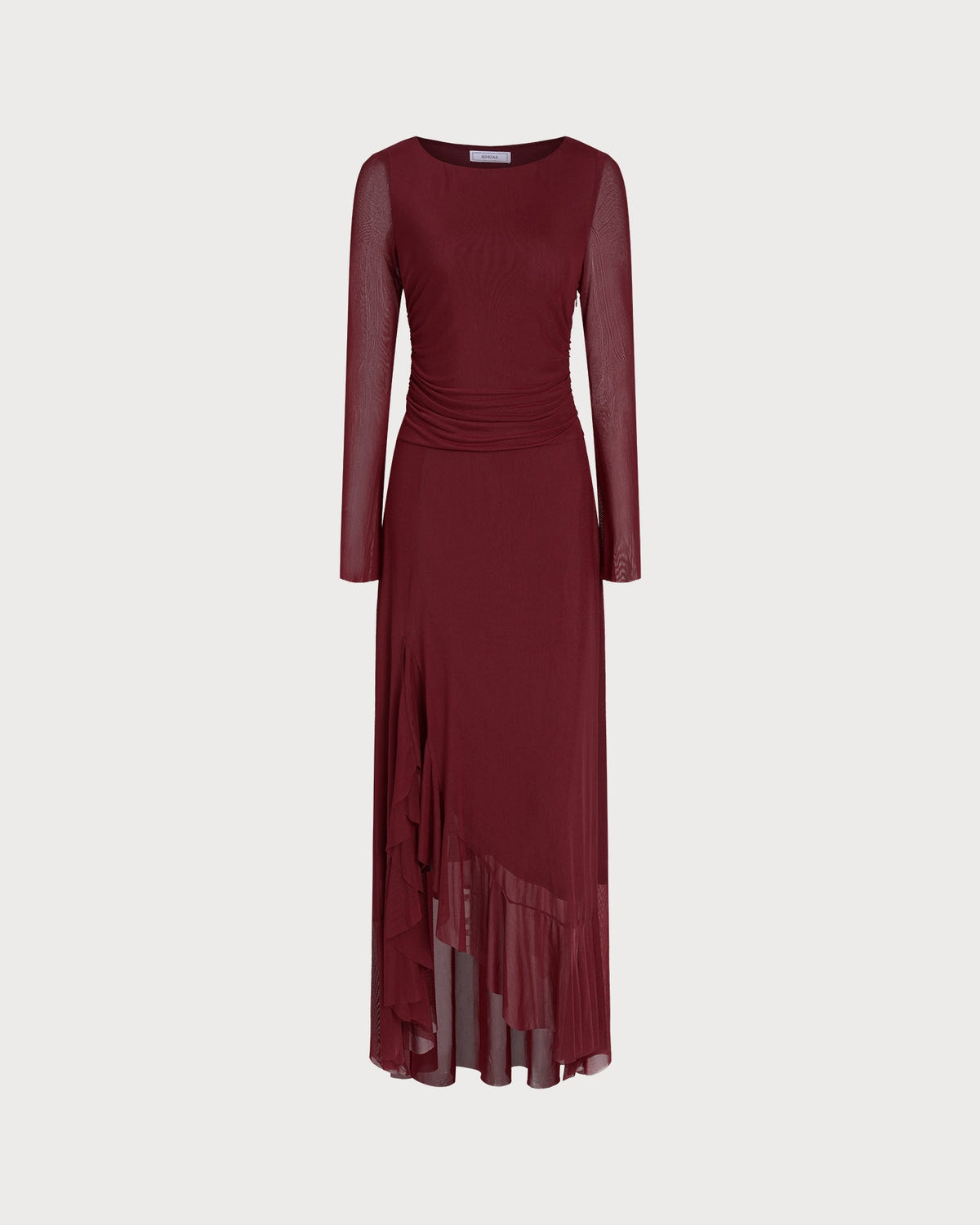 Mesh Maxi Dress with Boat Neck and Asymmetric Ruffled Hem - Red