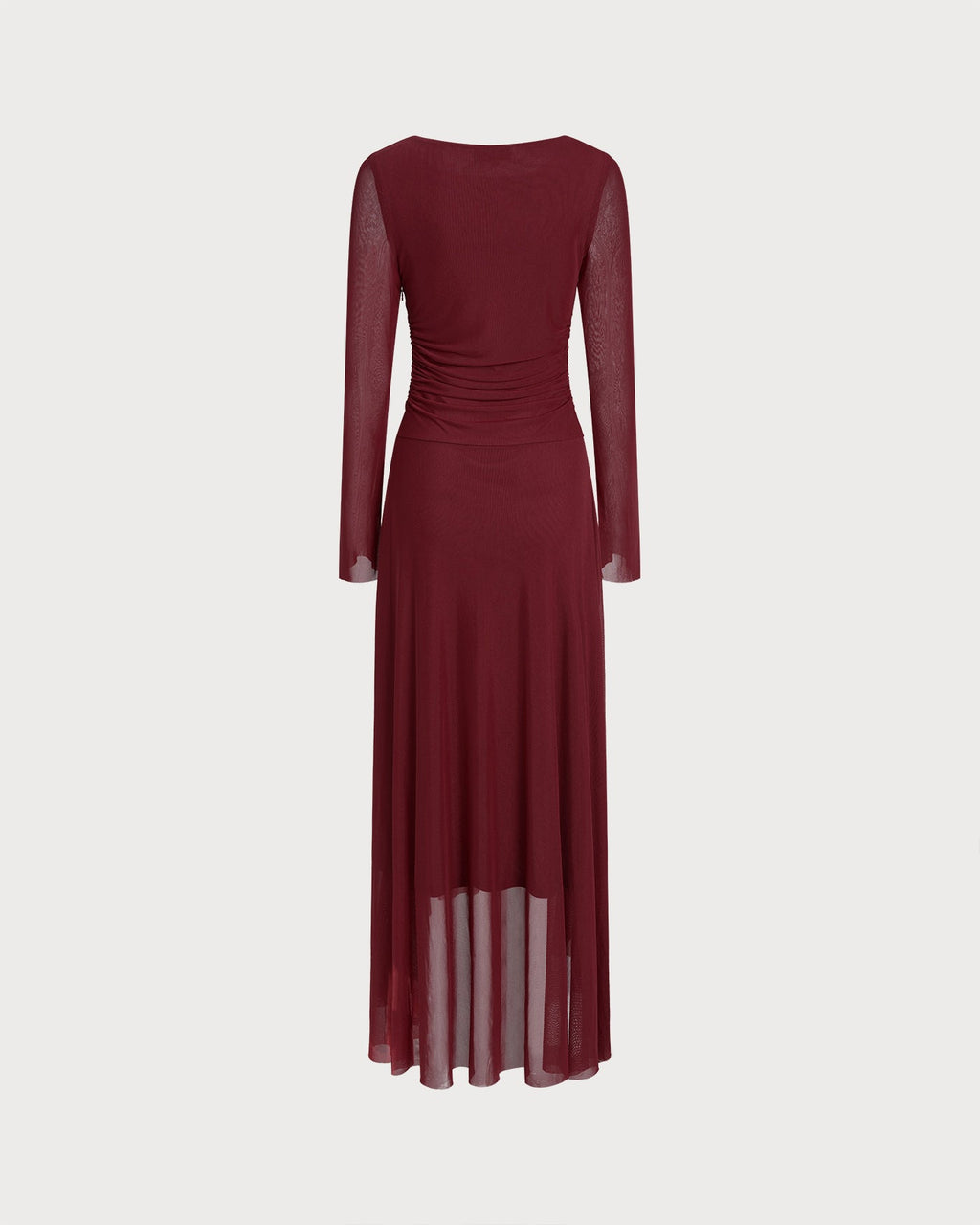 Mesh Maxi Dress with Boat Neck and Asymmetric Ruffled Hem - Red