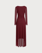 Mesh Maxi Dress with Boat Neck and Asymmetric Ruffled Hem - Red