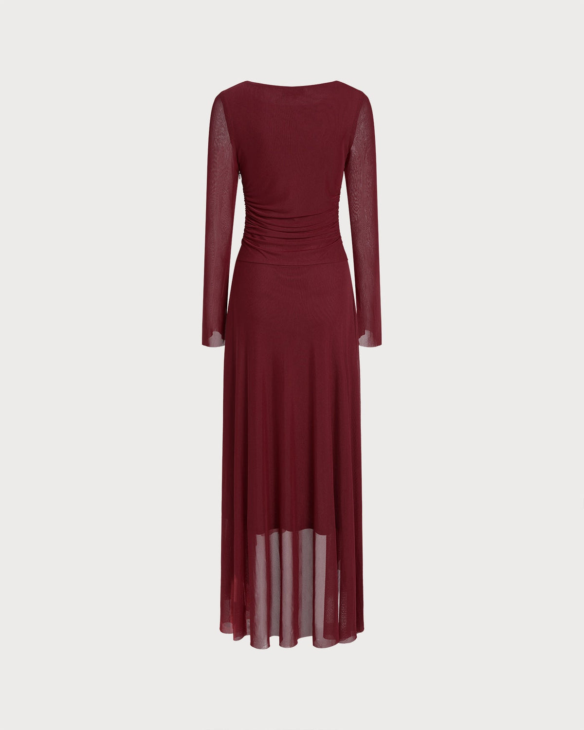 Mesh Maxi Dress with Boat Neck and Asymmetric Ruffled Hem - Red