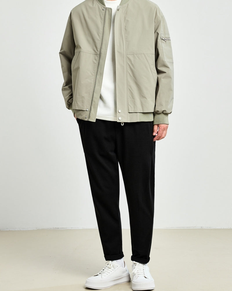 Minimal Bomber Jacket with Zip Front and Sleeve Pocket