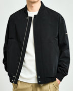 Minimal Bomber Jacket with Zip Front and Sleeve Pocket - Black