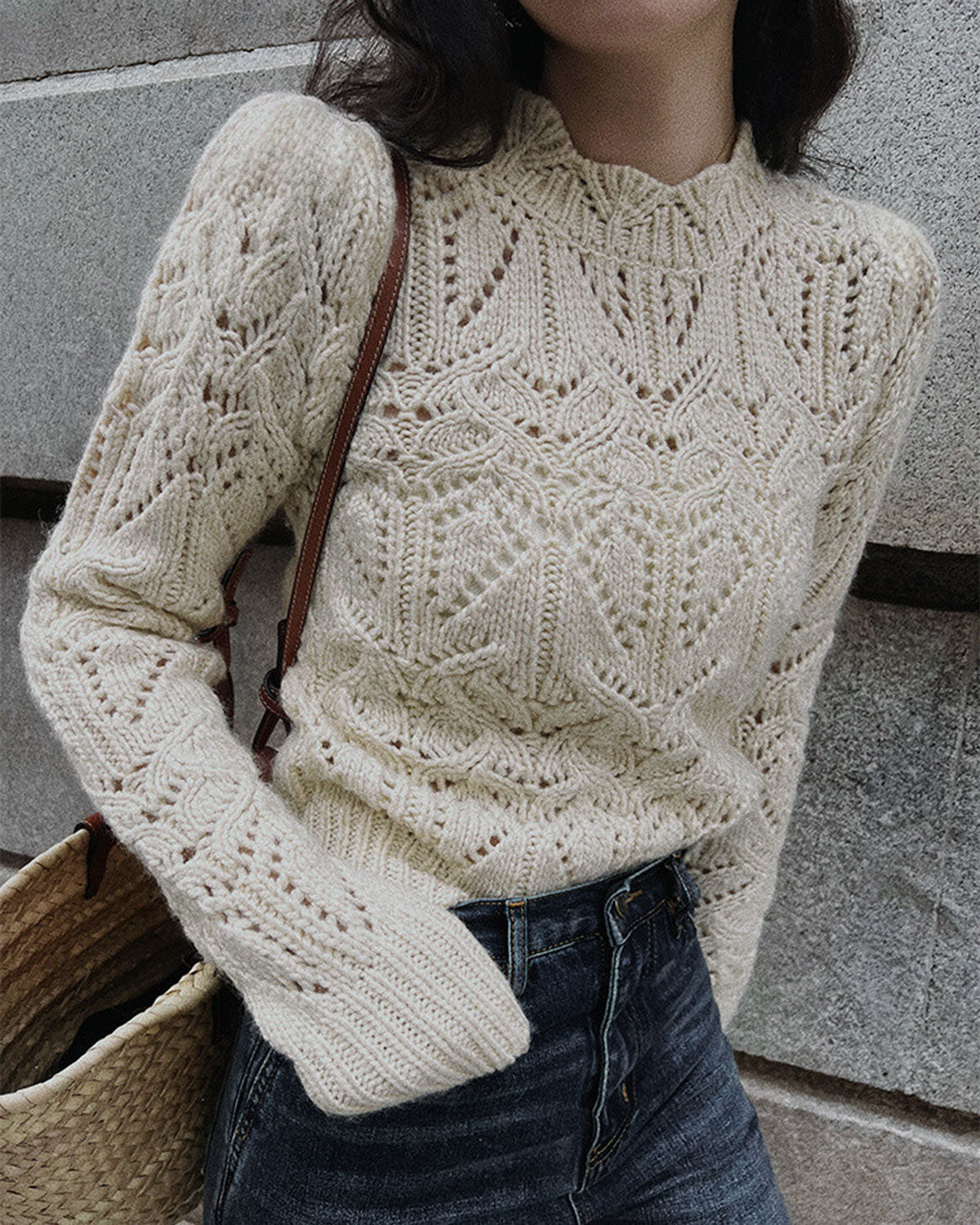 Openwork Knit Jumper with High Neck and Scalloped Cuffs - Off White