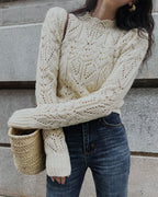 Openwork Knit Jumper with High Neck and Scalloped Cuffs - Off White
