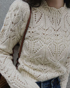 Openwork Knit Jumper with High Neck and Scalloped Cuffs - Off White