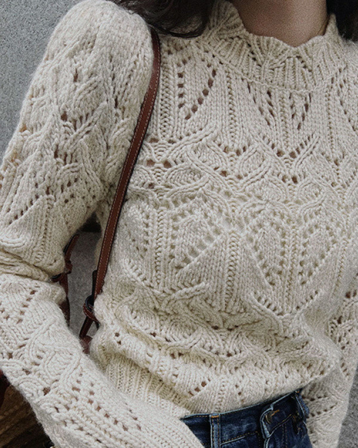 Openwork Knit Jumper with High Neck and Scalloped Cuffs - Off White