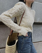 Openwork Knit Jumper with High Neck and Scalloped Cuffs - Off White