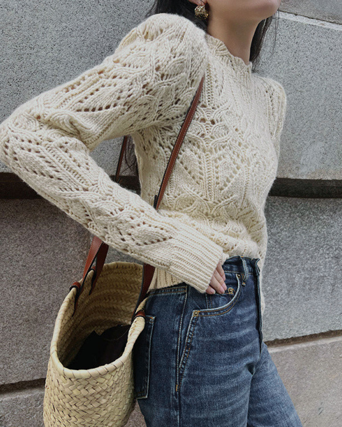 Openwork Knit Jumper with High Neck and Scalloped Cuffs - Off White