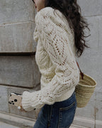 Openwork Knit Jumper with High Neck and Scalloped Cuffs - Off White