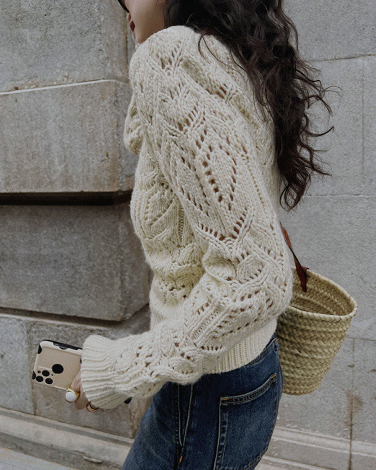 Openwork Knit Jumper with High Neck and Scalloped Cuffs - Off White