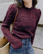 Openwork Knit Jumper with Round Neck and Puff Sleeves - Wine Red