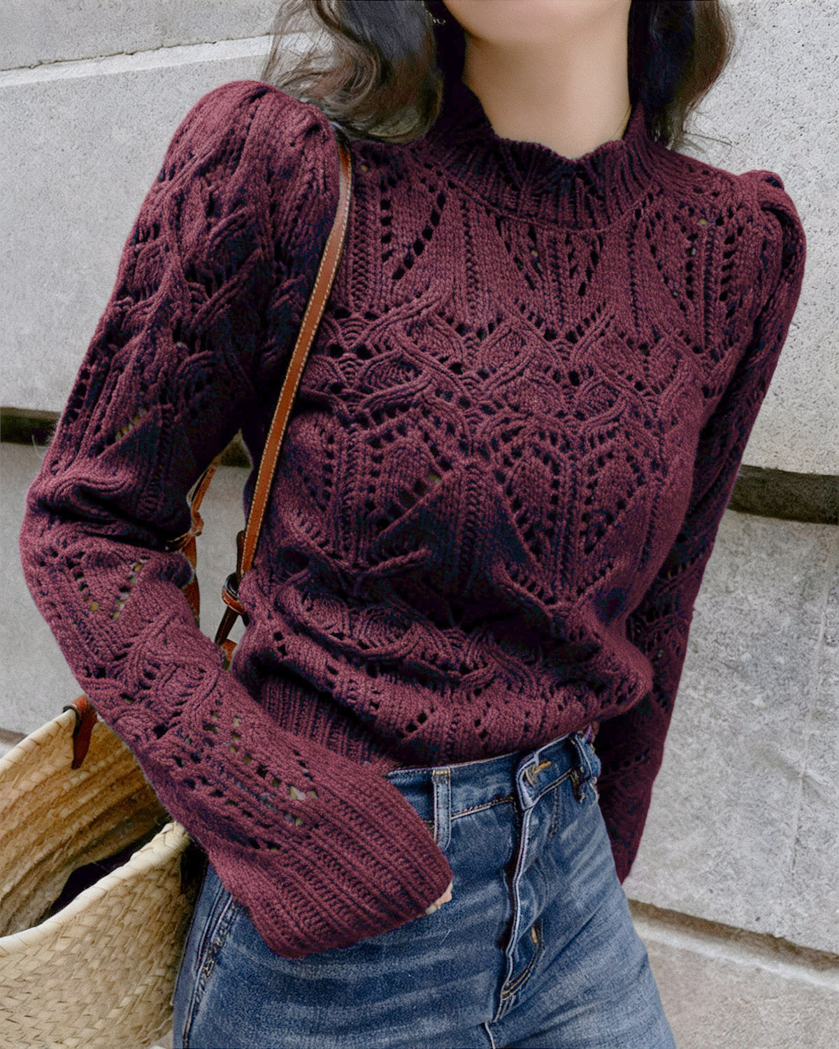 Openwork Knit Jumper with Round Neck and Puff Sleeves - Wine Red
