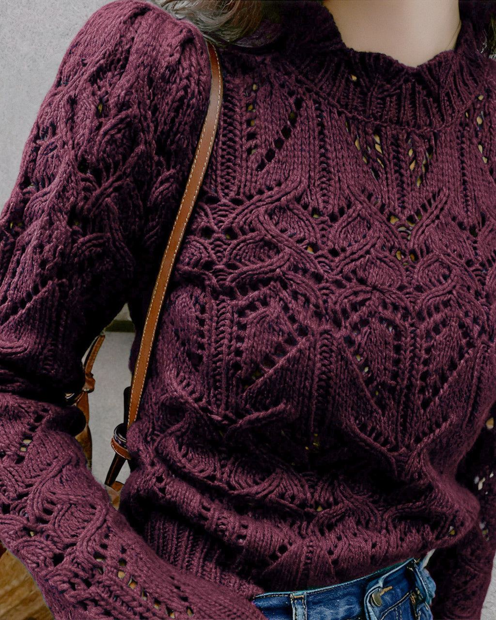 Openwork Knit Jumper with Round Neck and Puff Sleeves - Wine Red