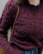 Openwork Knit Jumper with Round Neck and Puff Sleeves - Wine Red