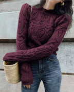 Openwork Knit Jumper with Round Neck and Puff Sleeves - Wine Red