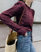 Openwork Knit Jumper with Round Neck and Puff Sleeves - Wine Red