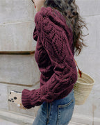 Openwork Knit Jumper with Round Neck and Puff Sleeves - Wine Red