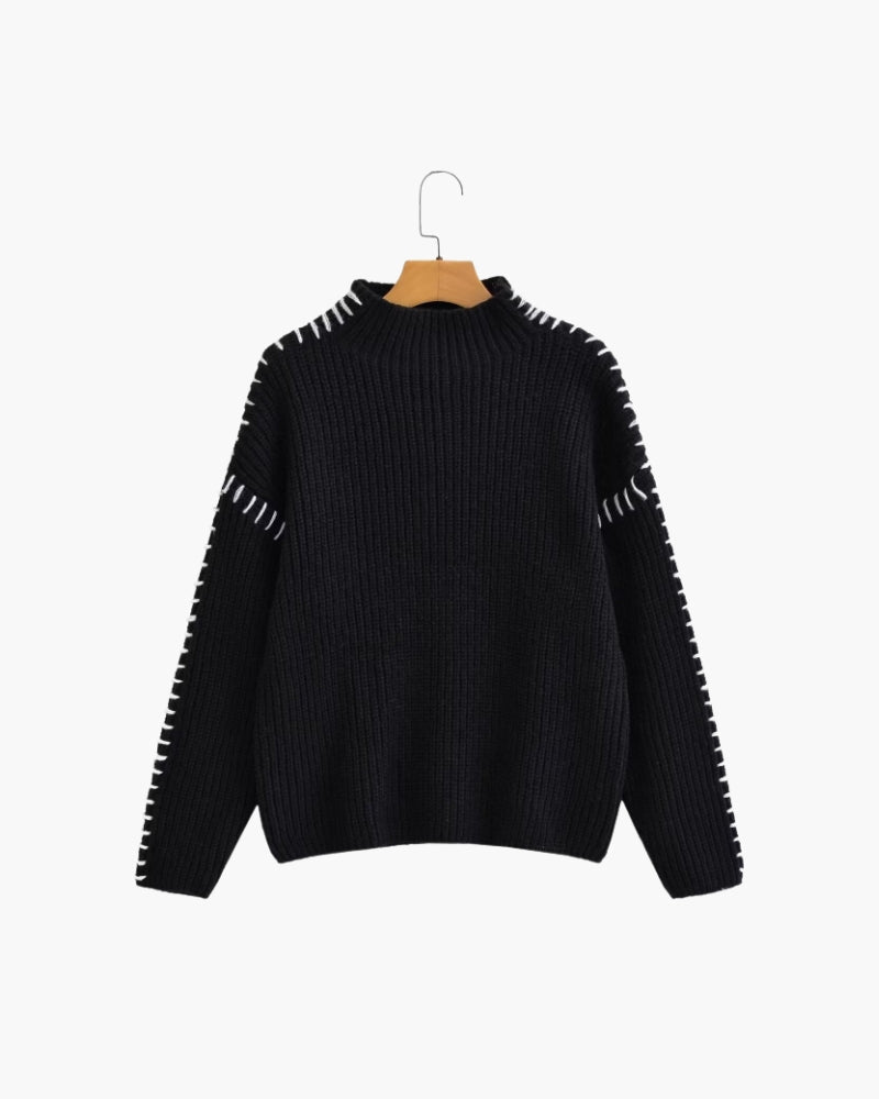 Oversized Mock Neck Jumper with Contrast Stitch Detail - Black