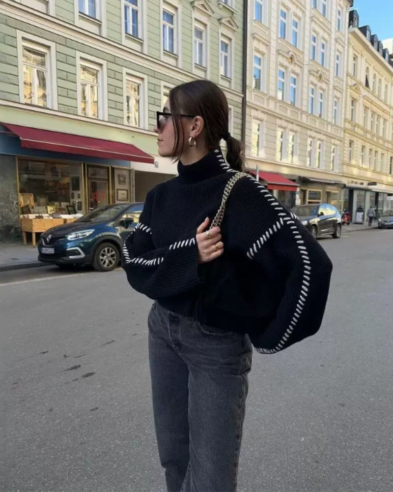 Oversized Mock Neck Jumper with Contrast Stitch Detail