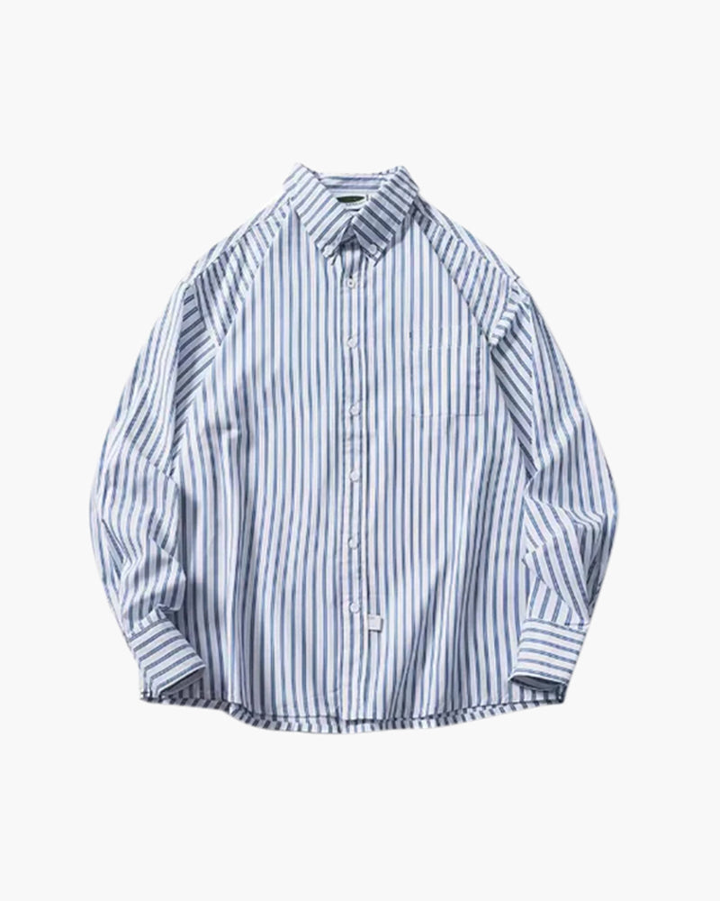 Oversized Striped Cotton Shirt with Long Sleeves - Light Blue